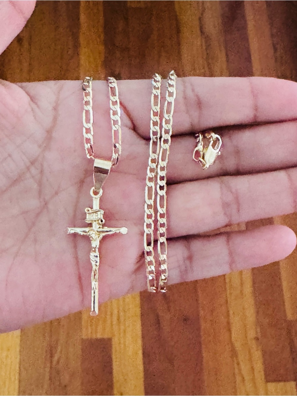 14K Gold Plated Figaro Chain Necklace with Crucifix Pendant - Women Jewelry. New